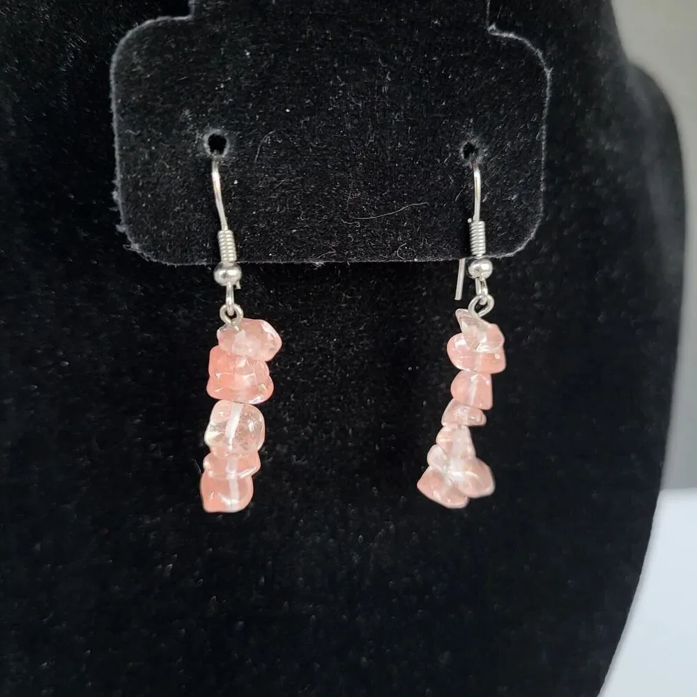 Rose Quartz Dainty Drop Earrings with Sterling Silver Hooks 1.5 in
